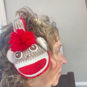 Wild Wear Sock Monkey Knit Earmuffs with Red Pom/ unisex/ Adjustable